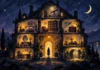 Textured nighttime painting of a three-story cutaway house with warmly lit rooms, a person in the doorway, and a starry sky with a crescent moon above.