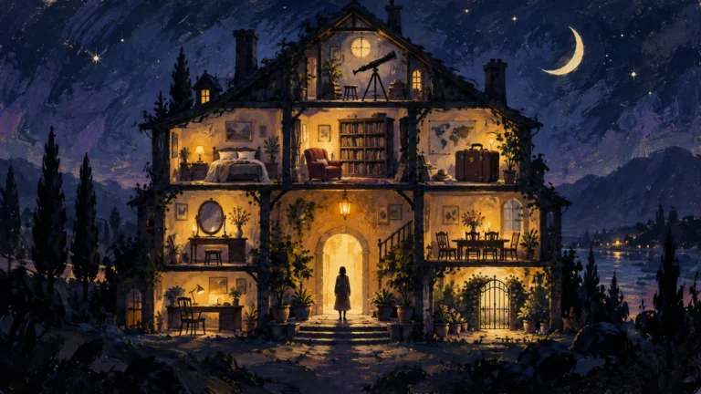 Textured nighttime painting of a three-story cutaway house with warmly lit rooms, a person in the doorway, and a starry sky with a crescent moon above.
