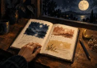 Textured nocturnal painting of a hand beside an open journal with moonlit landscape sketches, on a wooden desk by a window overlooking a full moon and dark lake.