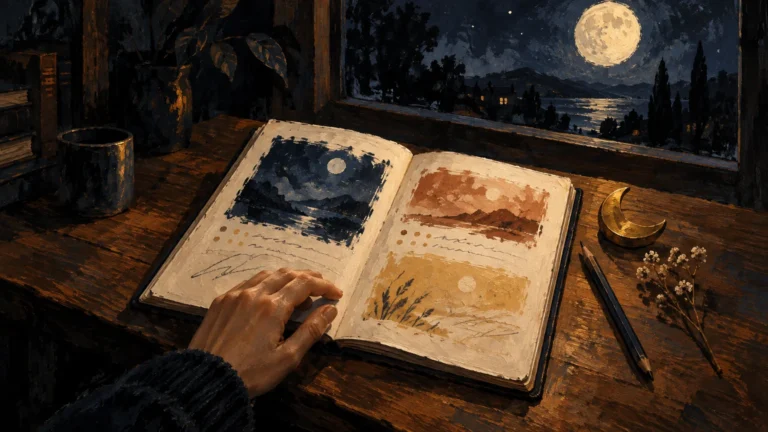 Textured nocturnal painting of a hand beside an open journal with moonlit landscape sketches, on a wooden desk by a window overlooking a full moon and dark lake.
