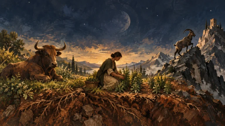 Painterly night landscape showing a resting bull beside a woman tending plants, with a mountain goat climbing toward a castle on a rocky peak under a moonlit, starry sky.