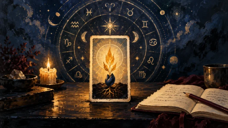 Textured dark-blue and gold painting of a glowing botanical card standing before a zodiac wheel, with a candle, crystals, books, cup, and open handwritten notebook on a table.