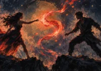 Textured, high-contrast painting of two silhouetted figures reaching toward each other across dark rocks as red-orange fiery ribbons spiral through a starry sky and large glowing planet.