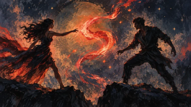Textured, high-contrast painting of two silhouetted figures reaching toward each other across dark rocks as red-orange fiery ribbons spiral through a starry sky and large glowing planet.
