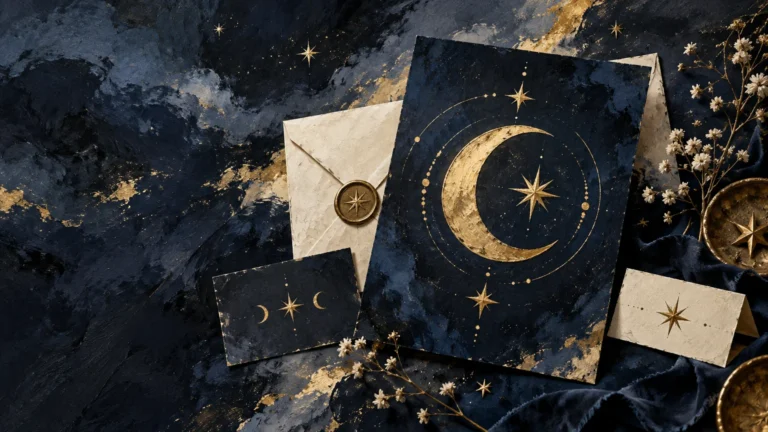 Textured navy, cream, and gold celestial wedding stationery arranged on dark blue fabric, with envelopes, a crescent moon card, star motifs, and small white flowers.