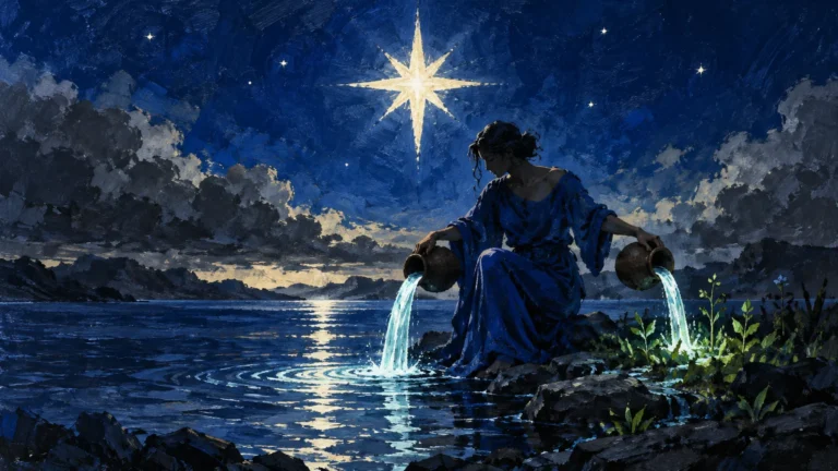 Textured blue night painting of a woman in a flowing robe pouring water from two jars beside a lake beneath a large bright star.